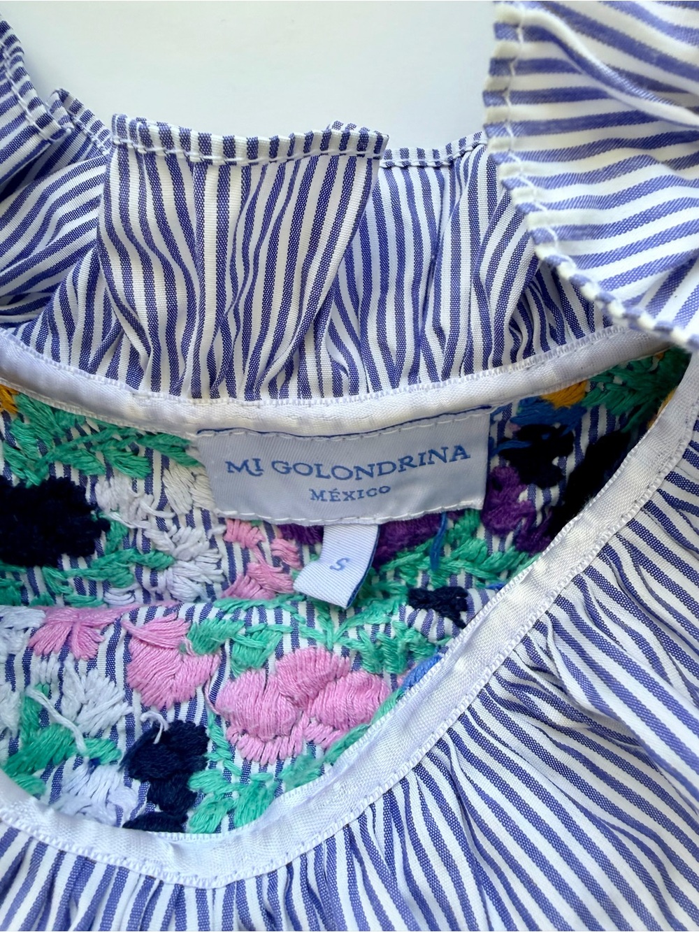 Mi Golondrina Soledad Blue Stripe Embroidered Ruffle Blouse Size Small NWOT - Picture 3 of 4